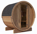 Wooden barrel-shaped sauna with a glass door on a white background